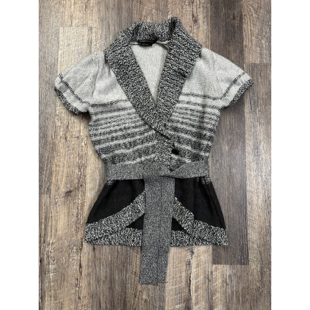 BCBGMAXAZRIA Womens Merino Wool Blend Short Sleeve Wrap Cardigan Sweater Grey L